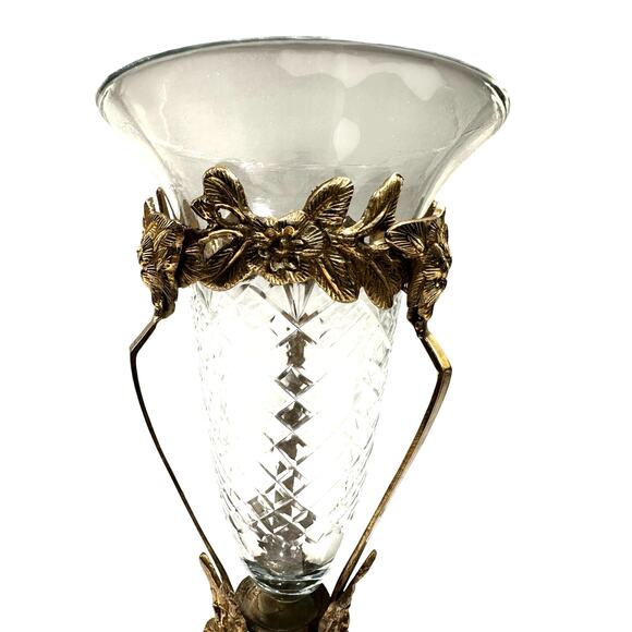 Intricate Ornate Floral Brass Stand Diamond Pattern Clear Glass Flared Cone - Picture 4 of 6